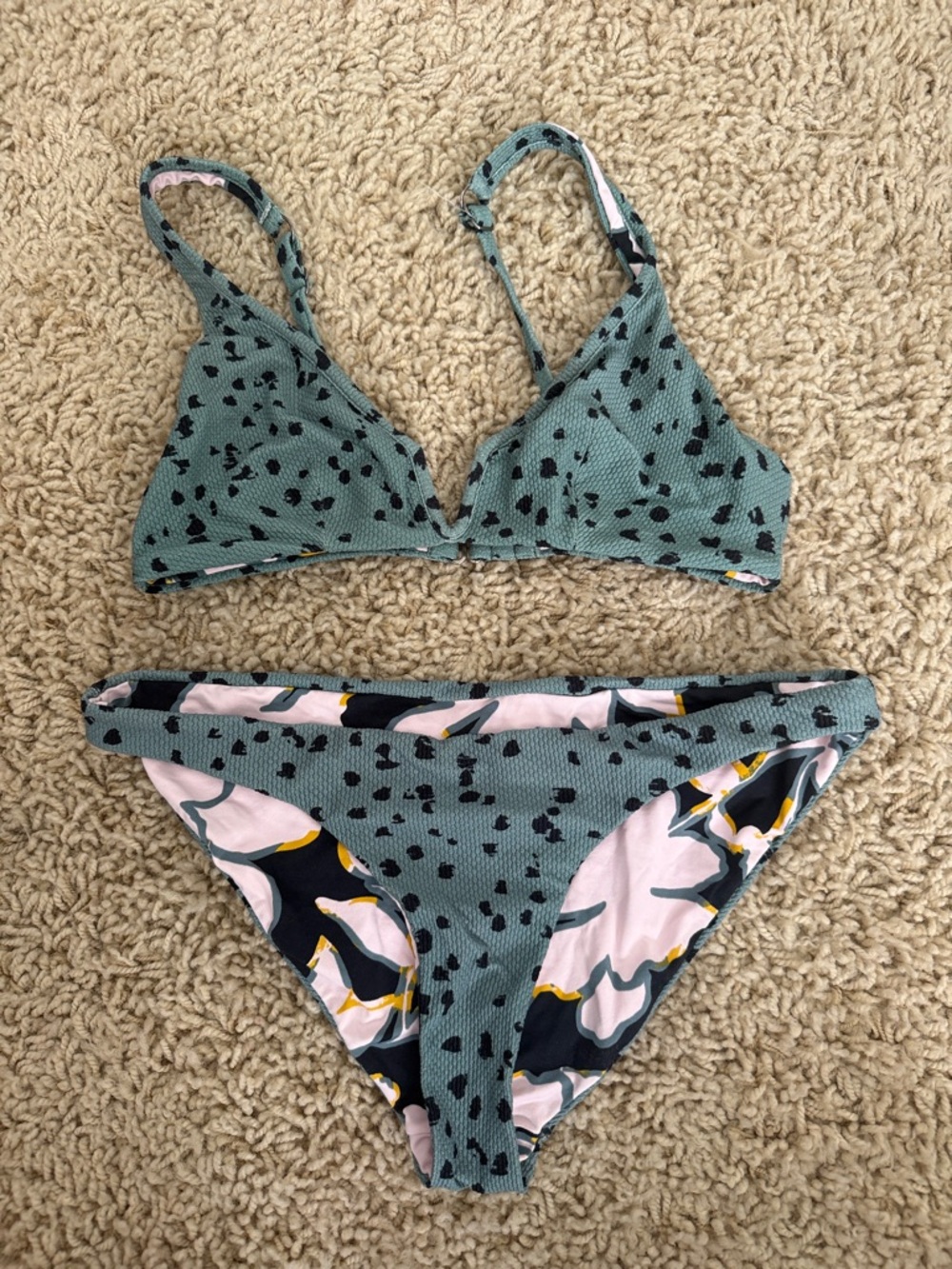 Green and Black Speckled Bikini Set with Pink Floral Lining